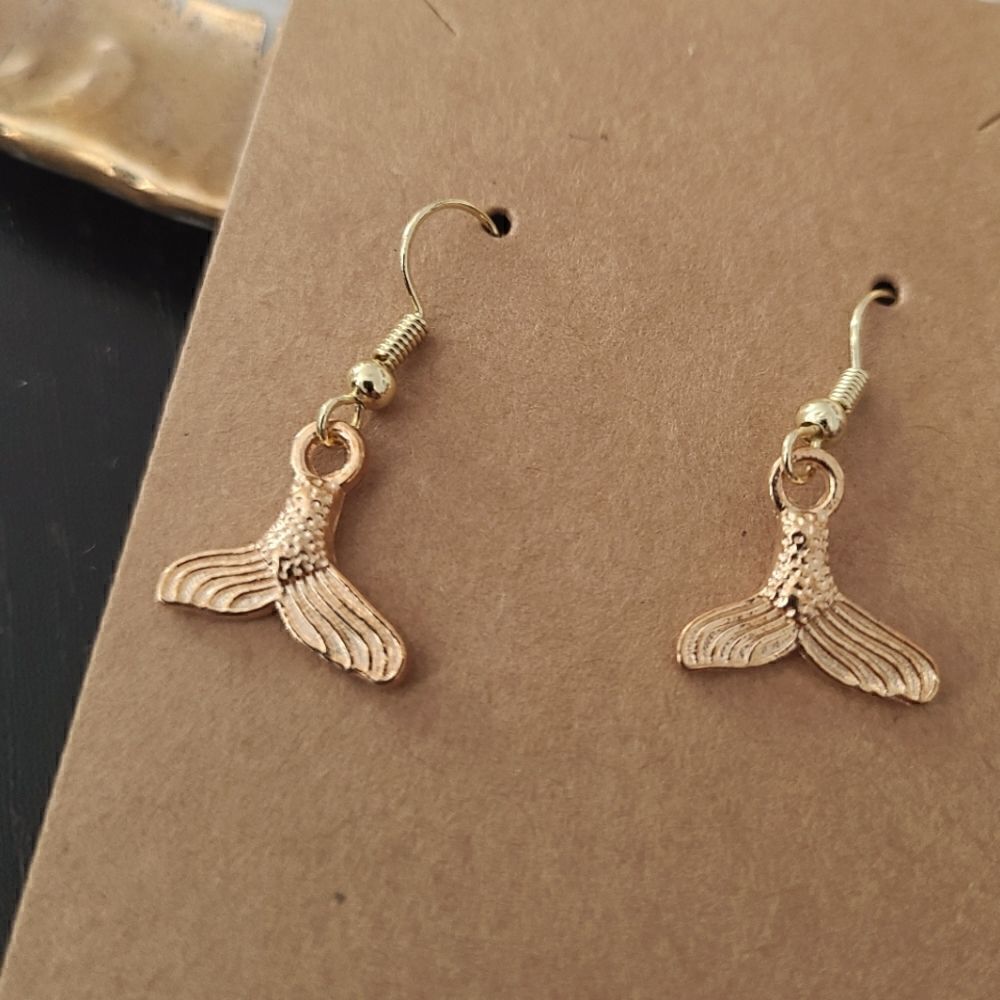 New Handcrafted 3D Mermaid Tail Dangle Earrings on 14K Gold Plated Hooks